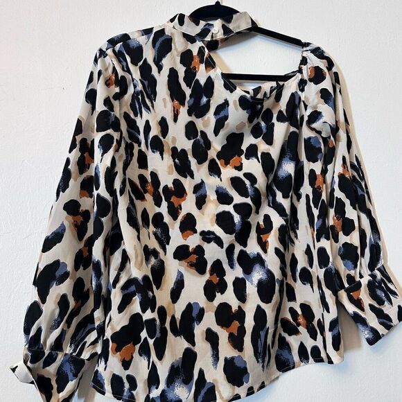 Shein Womens Tops Off Shoulder Tops Leopard Balloon Sleeves Black Cream Large - Picture 3 of 4